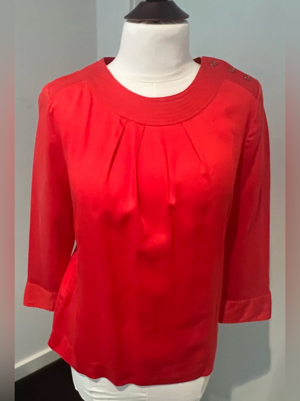 Talbots Red Pleated Round-Neck Blouse with Shoulder Buttons